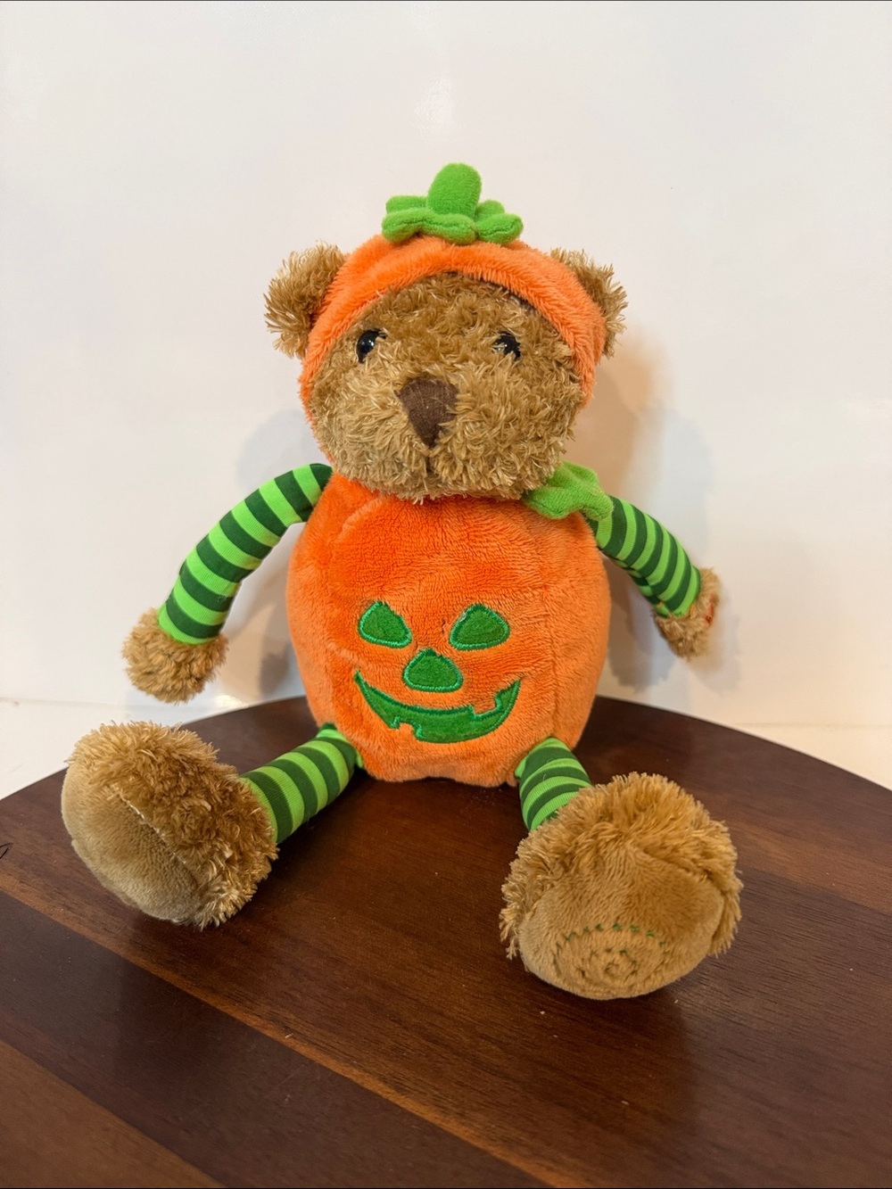 Galerie Halloween Plush Teddy Bear Jack O Lantern Pumpkin Suit Green Stripes